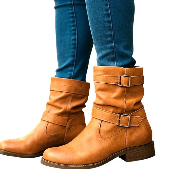 Women's 11 Brown Ankle Boots Flat Heel Buckle Straps Shoe - Picture 1 of 7